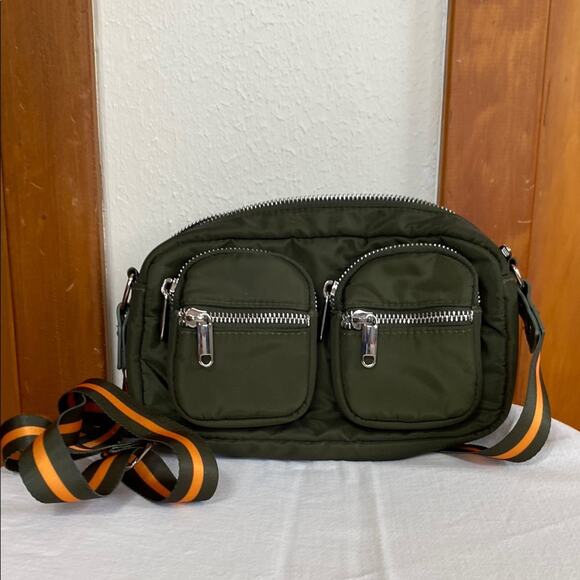 NWOT Olive Green Mini Utility Cargo Bag Adjustable Striped Strap - Picture 1 of 9
